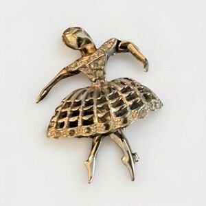 Vintage Ballerina Brooch Rhinestone Dancer Gold Tone Figural Ballet Gift